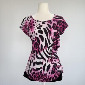Marc Bouwer Tunic T Shirt Womens M Pink Animal Print Ruffle Scoop Neck Top